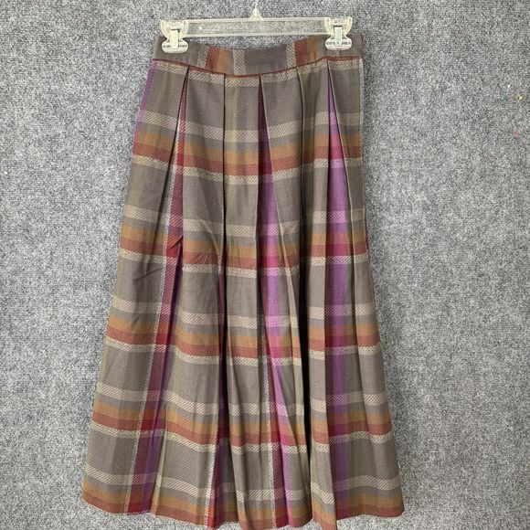 l. magnin Vintage Pleated Wool Plaid Skirt Sz 8 Satin Lined Pockets Side Zip - Picture 1 of 16